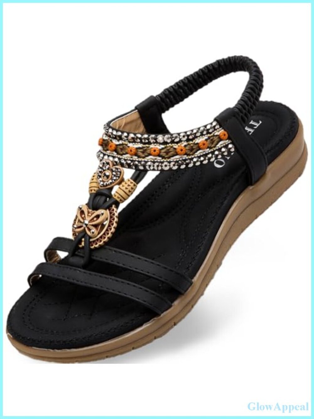 Bohemian Arch Support Flat Sandals with Rhinestone Beads & Elastic Ankle Strap